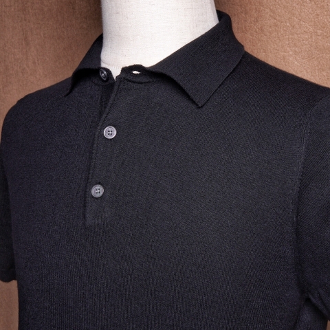 Roma Black Wool Silk Cotton Knit Polo