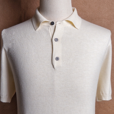 Roma Cream White Wool Silk Cotton Knit Polo