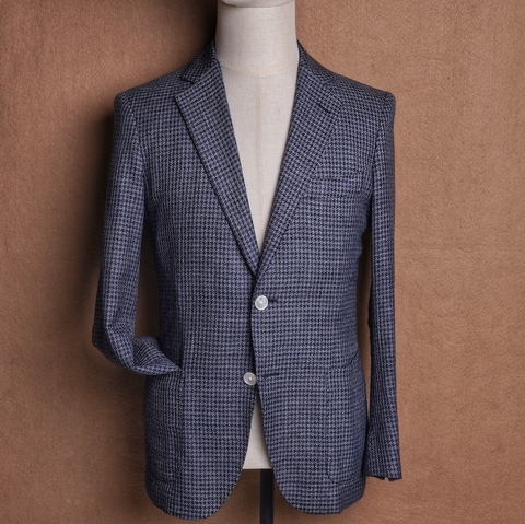 [Like New] Navy Blue Houndstooth Wool Silk Linen Loro Piana fabric - Tomorrowland
