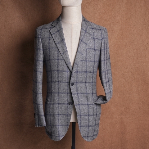 Grey Blue Windowpane  Silk Linen Cotton Ferla fabric - Tomorrowland Pilgrim