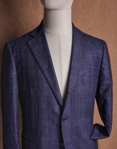 Dark Blue Check Wool Silk Linen Loro Piana fabric - Mitsumine