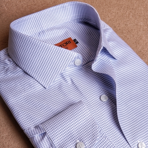 Blue Grey White Houndstooth Cotton Shirt