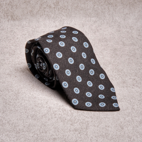 Round Floral Blue Brown Wool Tie