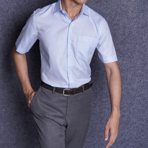 Dobby Light Blue Cotton Short Sleeve Shirt