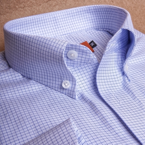 White Blue Textured Check Button Down Cotton Shirt