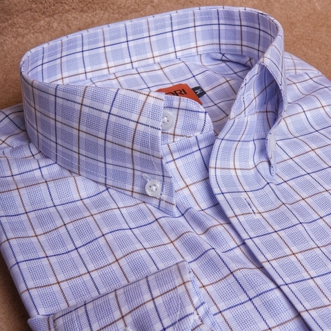 White Navy Brown Check Button Down Cotton Shirt