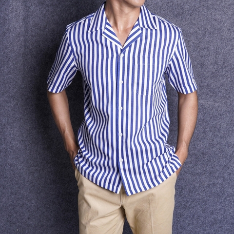 Blue White Cotton Cuban Shirt