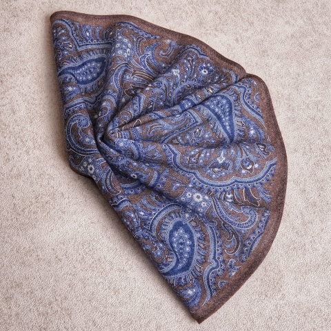 Artisan Brown Blue Paisley Wool Pocket Square