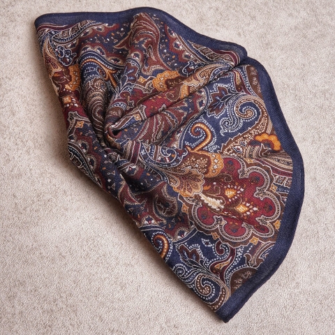 Artisan Navy Red Yellow Paisley Wool Pocket Square