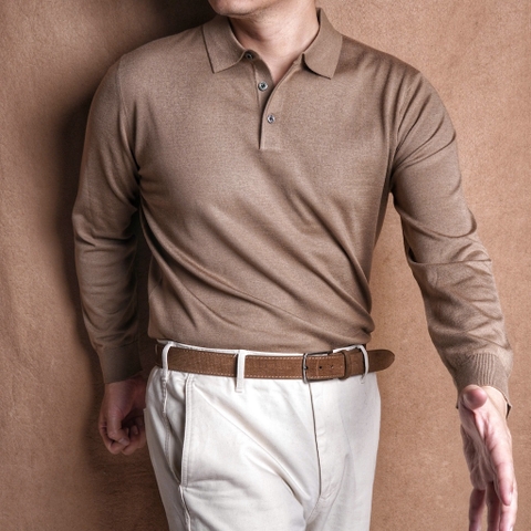 Umbria Camel Long Sleeve Knit Polo