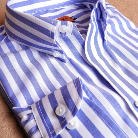 Dark Blue White Striped Button Down Cotton Shirt
