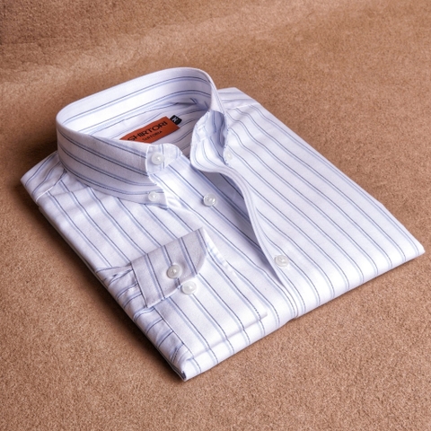White Navy Small Striped Button Down Cotton Shirt