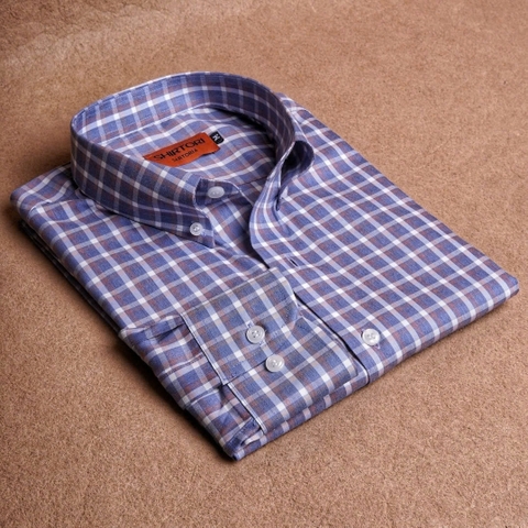 Navy Multi Check Button Down Flannel Cotton Shirt