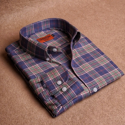 Navy Green Check Button Down Flannel Cotton Shirt