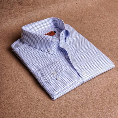 Blue Small Check Button Down Cotton Shirt