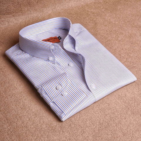 Beige White Blue Striped Button Down Cotton Shirt