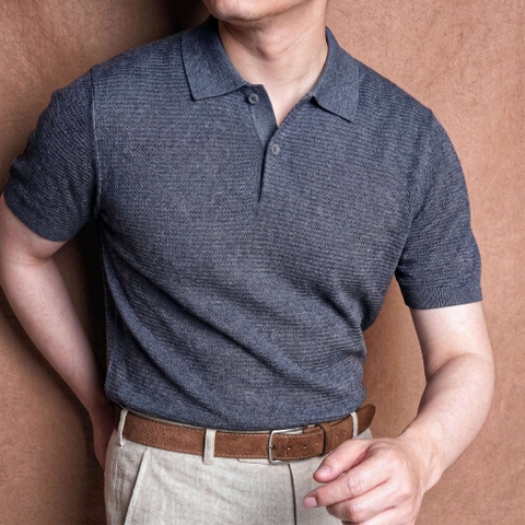 Sasso Navy Grey Linen Tencel Knit Polo