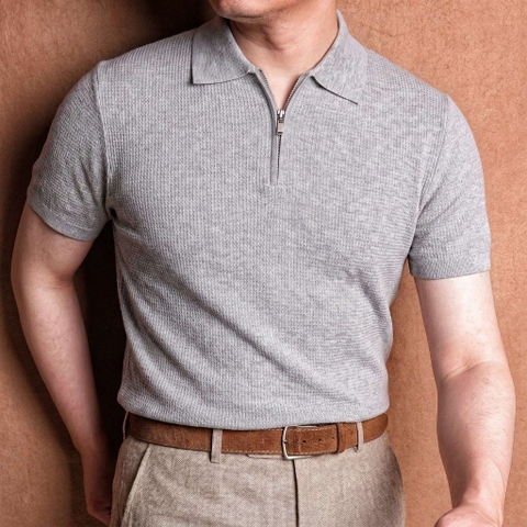 Siena Grey Linen Tencel Blend Knit Polo