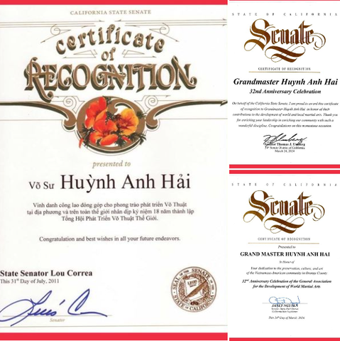 Đại Võ Sư Huỳnh Anh Hải vinh dự nhận 3 bằng Vinh Danh của Thượng nghị sỹ Hoa Kỳ