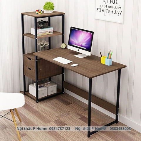 Bàn làm việc và giá sách khung sắt mặt gỗ PHH-15