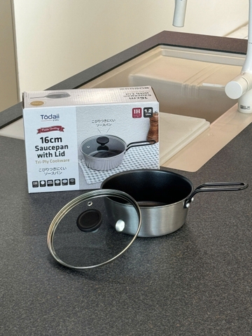 Quánh chống dính phủ inox 3 lớp liền đáy Tri-Ply Todaii - 16cm mini, nắp kính