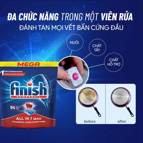 Viên rửa bát Finish nhiều chức năng (all in 1) hàng Châu Âu xuất Nhật túi 94 viên