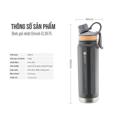 Bình giữ nhiệt inox 304 dung tích 532ml Elmich EL3675