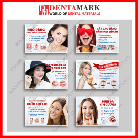 Tranh nha khoa, Poster quảng cáo dịch vụ nha khoa: Tẩy trắng, đính đá, nhổ răng, lấy cao răng, trám răng, PT cười hở lợi