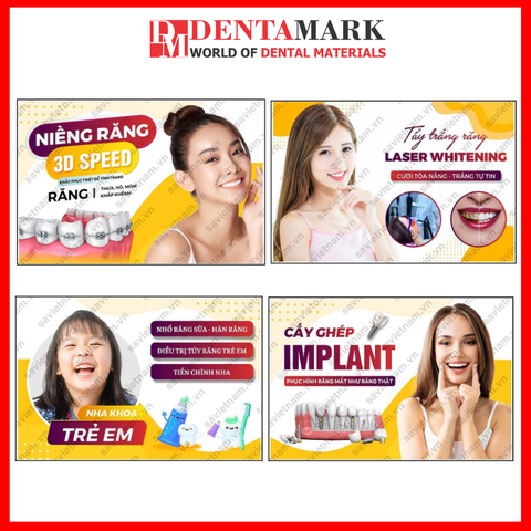 Tranh nha khoa Poster quảng cáo dịch vụ nha khoa: Niềng răng, Tẩy trắng răng, Nha khoa trẻ em, Cấy ghép implant