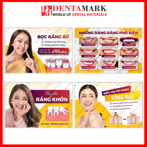 Tranh nha khoa Poster quảng cáo dịch vụ nha khoa: Bọc răng sứ, Dáng răng, Răng không, Điều trị tủy răng