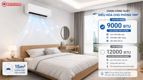 Phòng 15m2 dùng điều hòa công suất bao nhiêu? Nên chọn 9000 hay 12000 BTU?