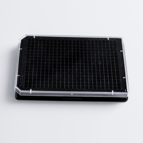 384-well cell culture plate, black plate on black background, with lid