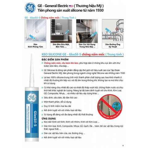 Keo Silicone GE - GlasSil-S chống nấm mốc, rêu bám ( Trung tính )