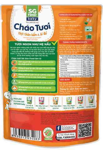 Cháo tươi baby thịt thăn bằm bí đỏ 240gx 30