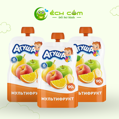 340038382 -Trái cây nghiền vị táo, lê, chuối, đào và cam Agusha 90g/ gói , 10 gói/thùng