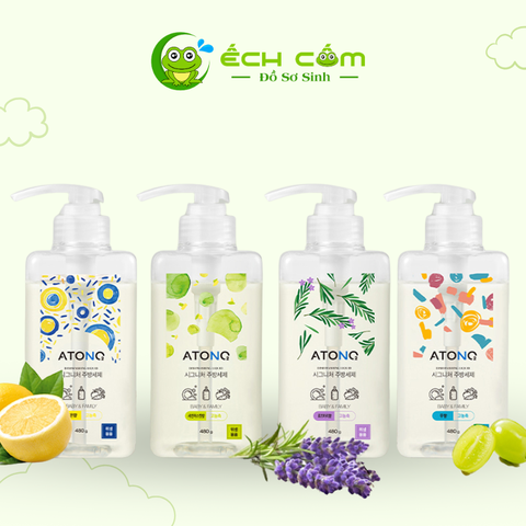 Nước rửa bình sữa, hoa quả & chén bát đậm đặc thuần chay Atono2 cho bé không mùi, 480gr/túi, hiệu: Atono2