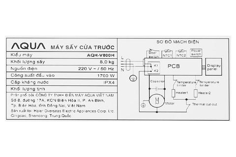 Máy sấy thông hơi Aqua 8 kg AQH-V800H.SS