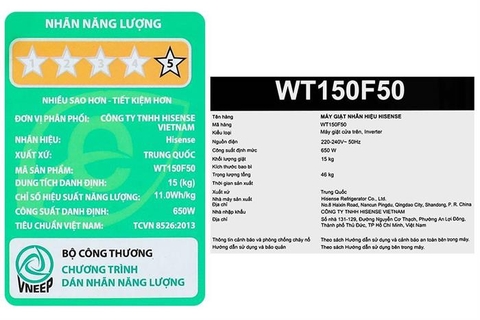 Máy giặt Hisense Inverter 15 kg WT150F50