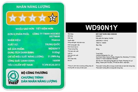 Máy giặt sấy Hisense Inverter giặt 9 kg – sấy 6 kg Inverter WD90N1Y