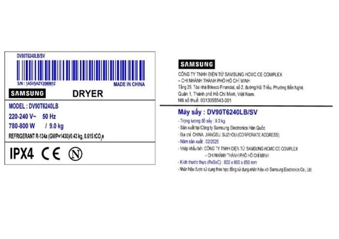Máy sấy bơm nhiệt Samsung 9 kg DV90T6240LB/SV