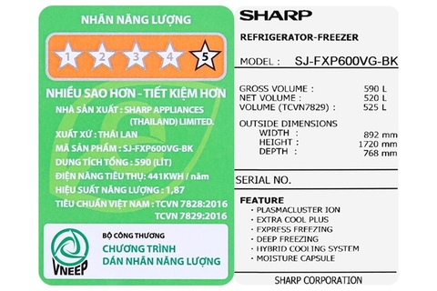 Tủ lạnh Sharp Inverter 525 lít SJ-FXP600VG-BK