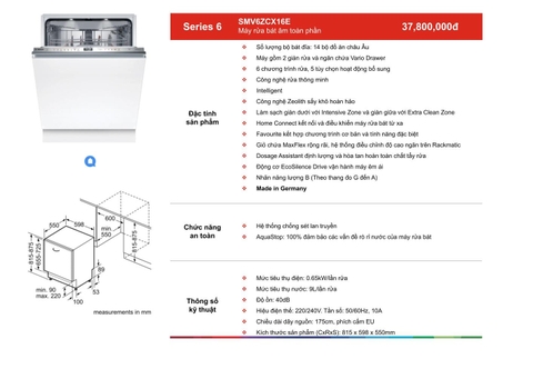 Máy rửa bát âm tủ 14 bộ Serie 6 Bosch SMV6ZCX16E