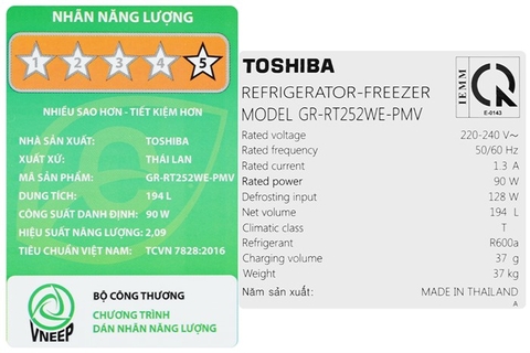Tủ lạnh Toshiba Inverter 194 lít GR-RT252WE-PMV(52)