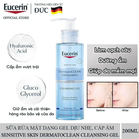Gel Rửa Mặt Eucerin Dành Da Nhạy Cảm 200ml Dermato Clean Hyaluron Cleansing Gel