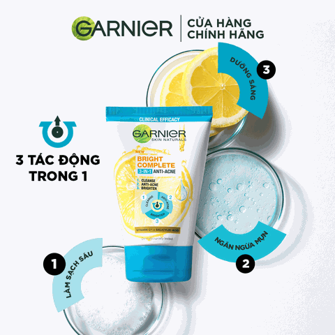 Sữa Rửa Mặt Garnier 3 Trong 1 Ngừa Mụn 100ml (Mới) Bright Complete Anti-Acne Cleansing Foam