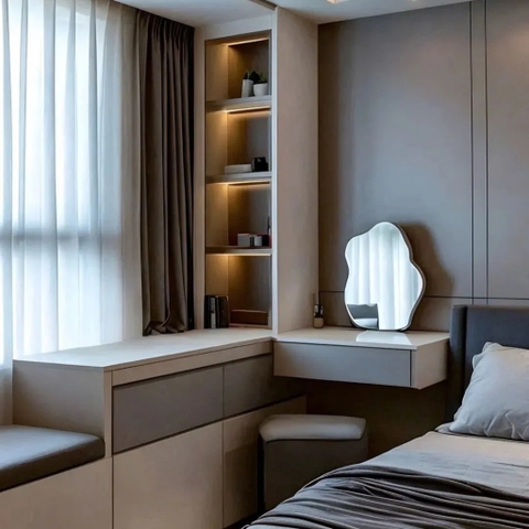 Phòng ngủ với bàn làm việc sát cửa sổ