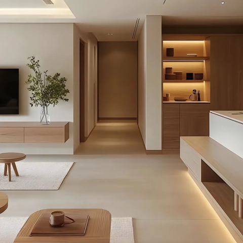 Phòng khách tông màu gỗ sáng