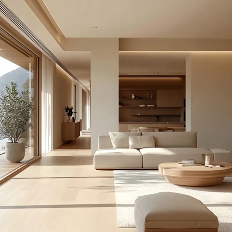 Phòng khách tông màu gỗ sáng