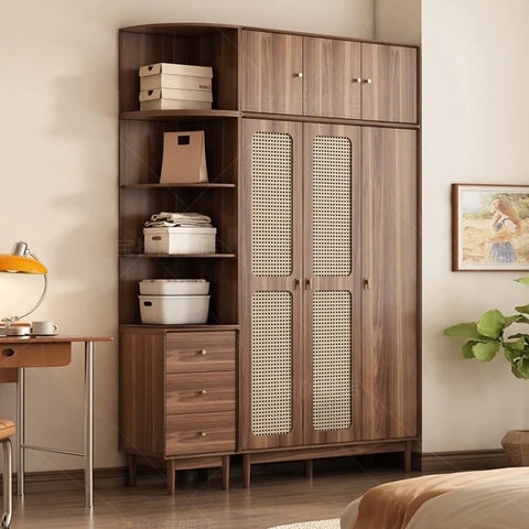 Tủ Quần Áo Gỗ Kết Hợp Mây Hiện Đại