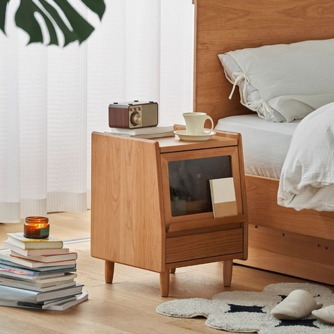 Tủ Đầu Giường Gỗ Tự Nhiên Thiết Kế Kính Hiện Đại